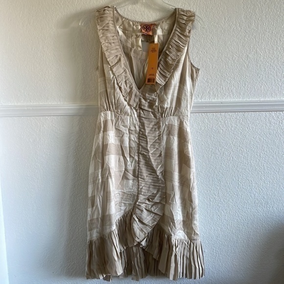 NWT Tory Burch Tapioca silk Tan Georgette Janetta Night Out Midi Dress size 4 - Picture 2 of 8